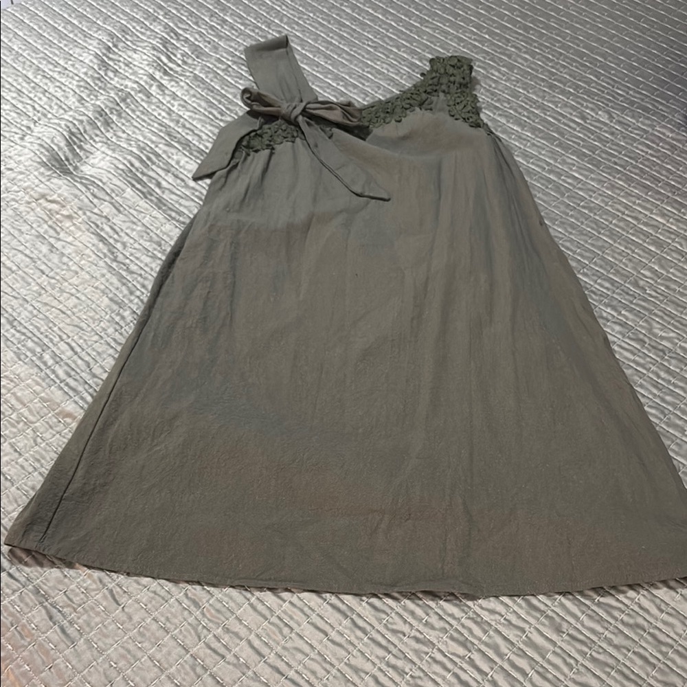 One-Shoulder Army Green Dress with Bow Detail